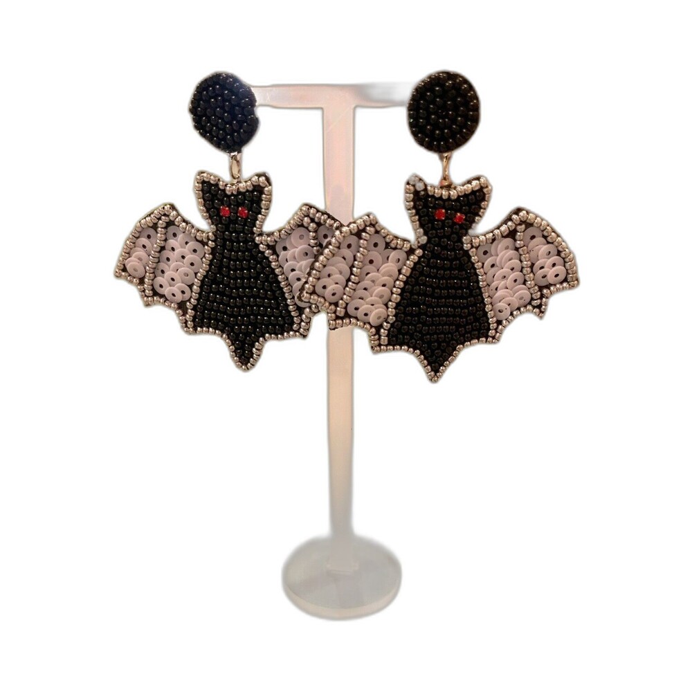 New- Batty Halloween Earrings Black/White Seed Beads White Sequins Lightweight